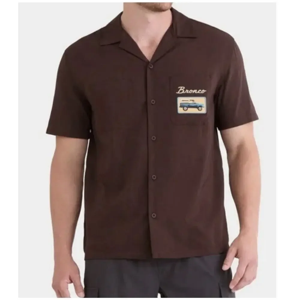 Men’s Ford Bronco 1966 Graphic Button Shirt S Back Print Retro Short Sleeve